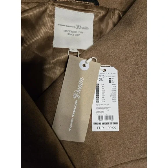 NWT Tom Tailor Denim Womens XL Coat Brown Wool Look Polyester Tie Pockets Luxe - Picture 3 of 11